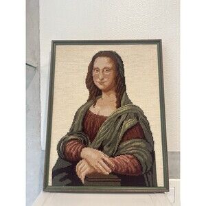 Framed Needlepoint Art Mona Lisa 15.5x20 Wood Frame Handmade Vintage